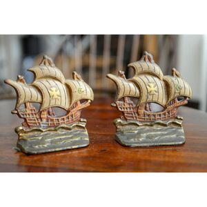 Set of 2 Vtg Cast Iron Sailing Ship Bookends Spanish Galleon Doorstops